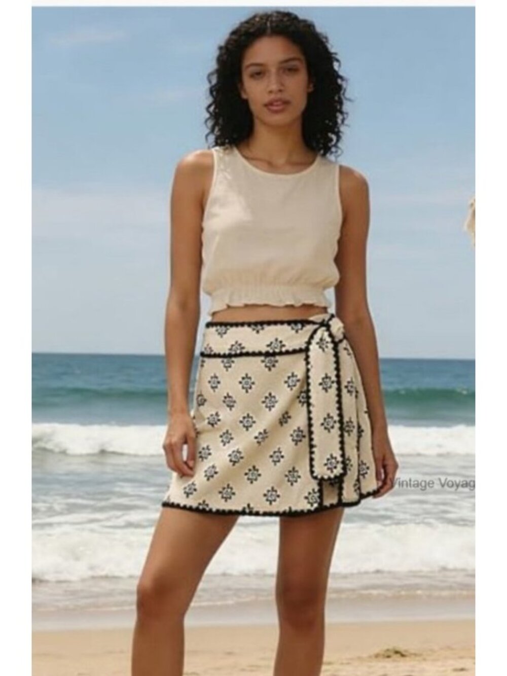 Women XS Cream Black Floral 100% Cotton Wrap Mini Skirt Tie Waist Boho